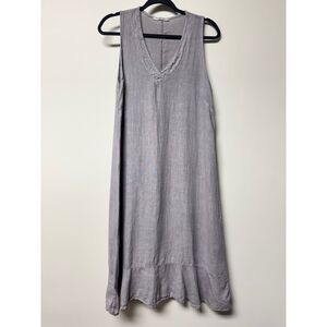 FRANCESCA BETTINI 100% Linen Gray V-Neck Ruffle Hem Midi Dress, Sz S